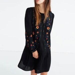 SEZANE Elise Dress Black Floral Embroidery Long Sleeves Robe Mini Tunic - Size ?